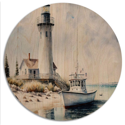 Bateau de pêche et phare I - Art mural en bois de plage - Bois de pin naturel