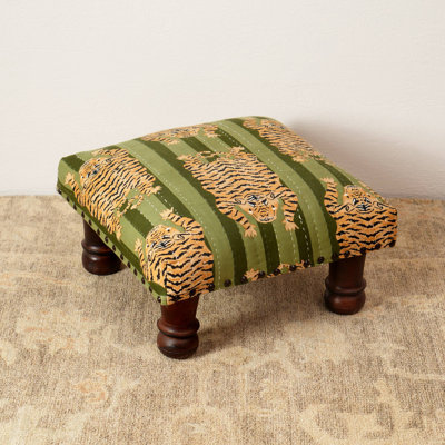 Tiger Print Upholstered Accent Foot Stool with Mango Wood Legs, 16x16 Inch Decorative Ottoman Stool, Handcrafted Cotton Fabric Footrest for Living Room, Bedroom & Lounge,