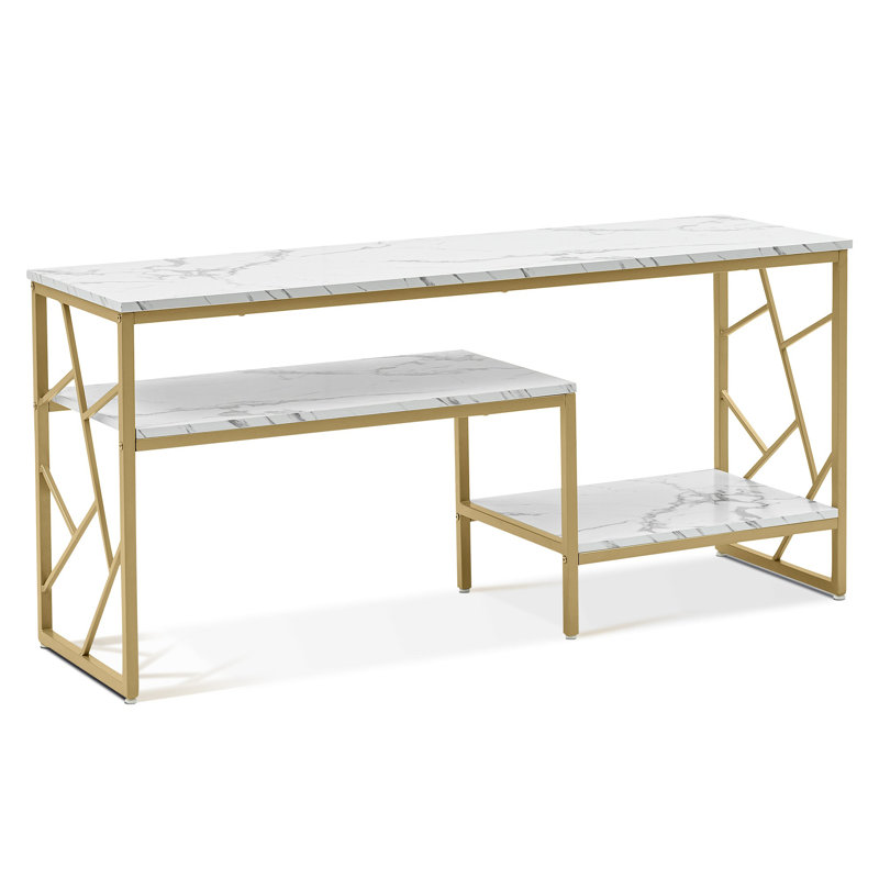 White Sofa Table, Narrow Entryway Table With Storage Shelf, Faux Marble Top Console Table
