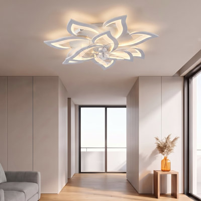 32" Low Profile Layered Petal Ceiling Fan with Dimmable LED Light (White)