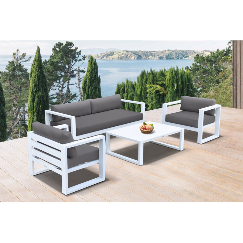 Ensemble d'extérieur 4 pièces Raylan avec finition gris foncé et coussins gris anthracite, Blanc