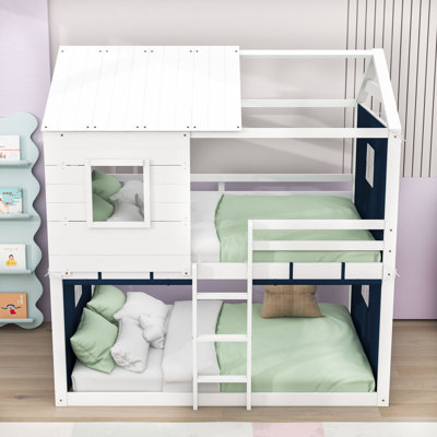 Wooden House Bunk Bed With Roll‑Up Tent, Guardrails And Ladder