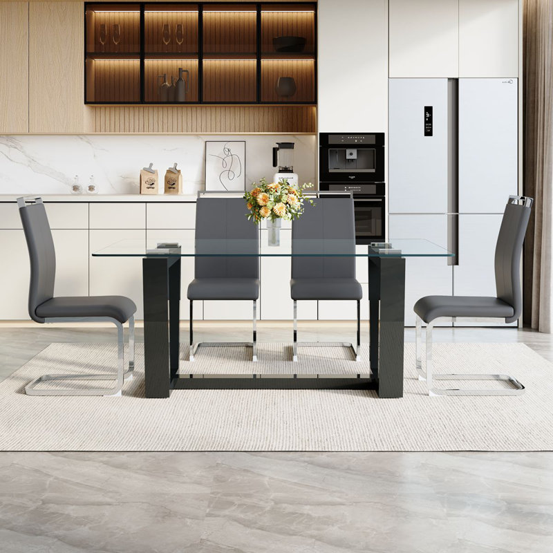 63'' Dining Table Set For 4–6 People, Modern Tempered Glass Kitchen Table With Faux Leather Chairs, Gray