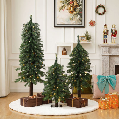 Set of 3 Battery-Powered Pre-Lit Artificial Christmas Trees with Weeping Branches & Timer