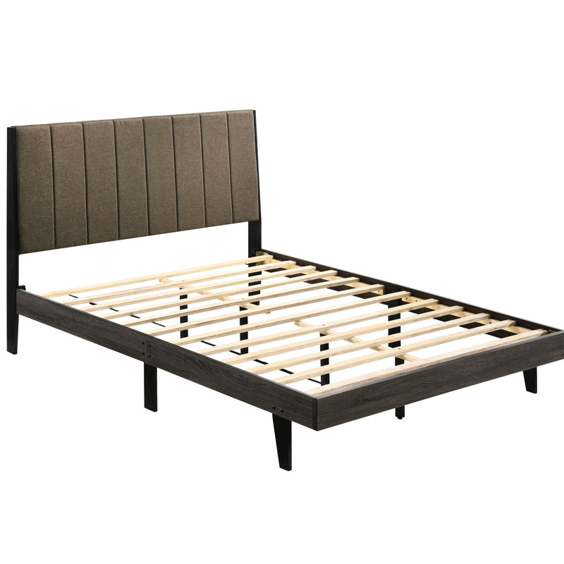 Queen Size Bed With Brown Upholstery And Grey Weathered Wood Frame For Bedroom