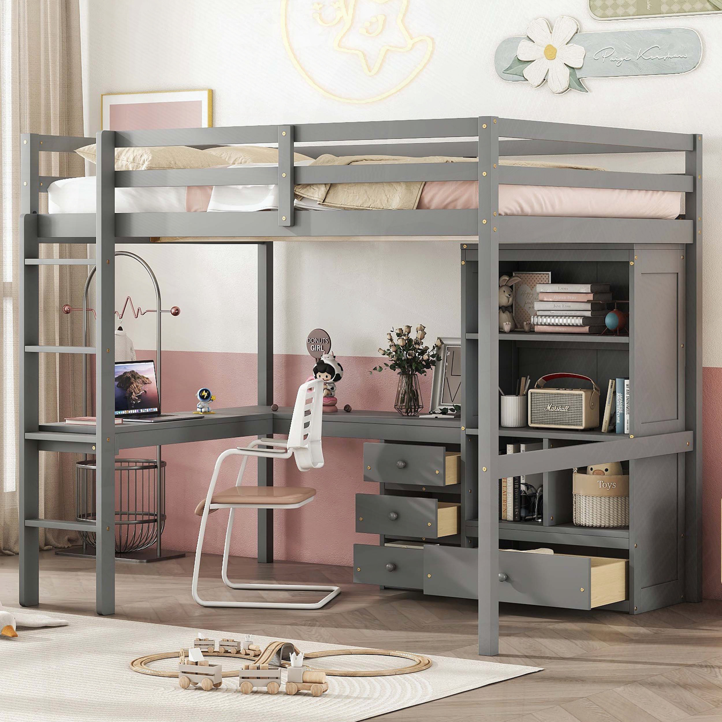 Ebern Designs Full Size High Loft Bed with L-Shaped Desk, Shelves, and ...