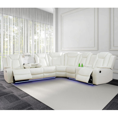 Shamla 3-Pieces 210”Breathing Leather Power Reclining Theater Sectional,LED Lighting by Orren Ellis