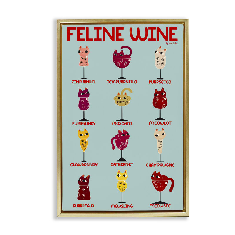 Cadre flottant Clever Feline Wine Drinks, design par Carrie Cantwell, H 25 po x l 17 po, Cadre flottant métallique doré