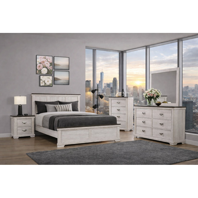 Ensemble de chambre à coucher à panneau classique avec finition crème, Lit simple, 5 pièces
