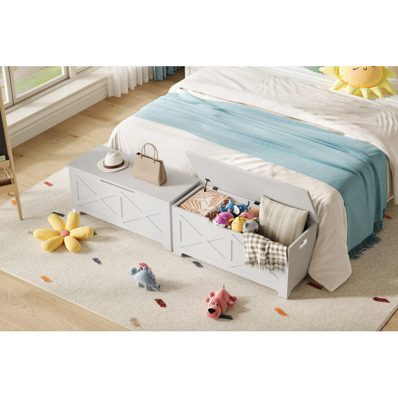 Banc à chaussures avec rangement relevable Farmhouse, Motif à double X blanc givré