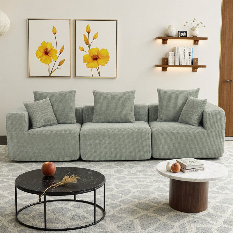 Canapé modulaire brun foncé à assise profonde modulaire 3 pièces Chenille, Vert clair