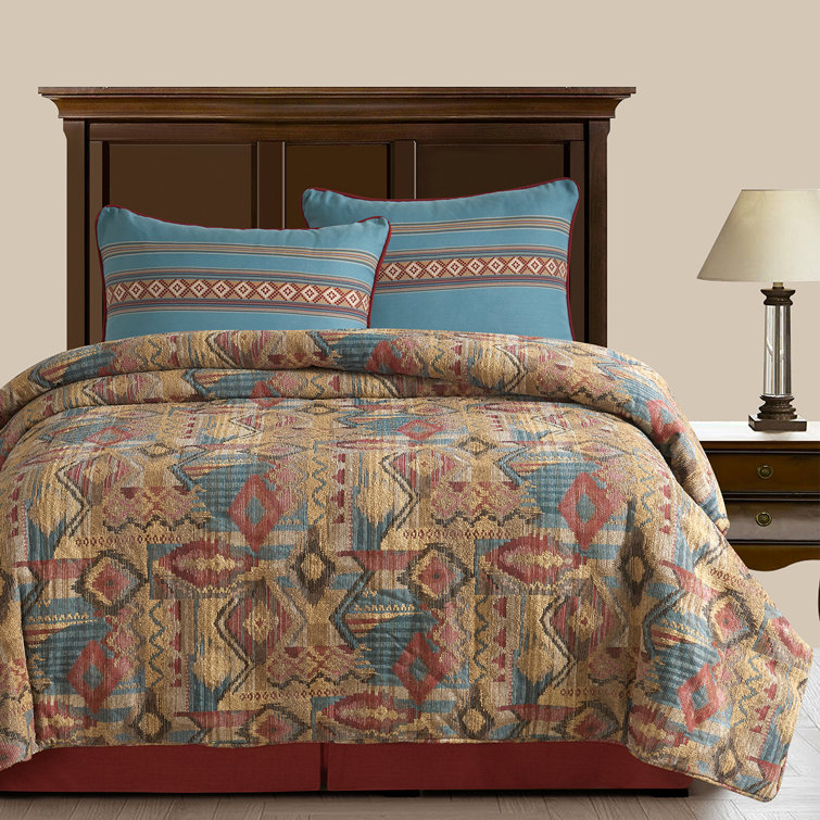 King Size Southwest Aztec Style 7pc Comforter Set Burgundy Teal Beige w  Cushions