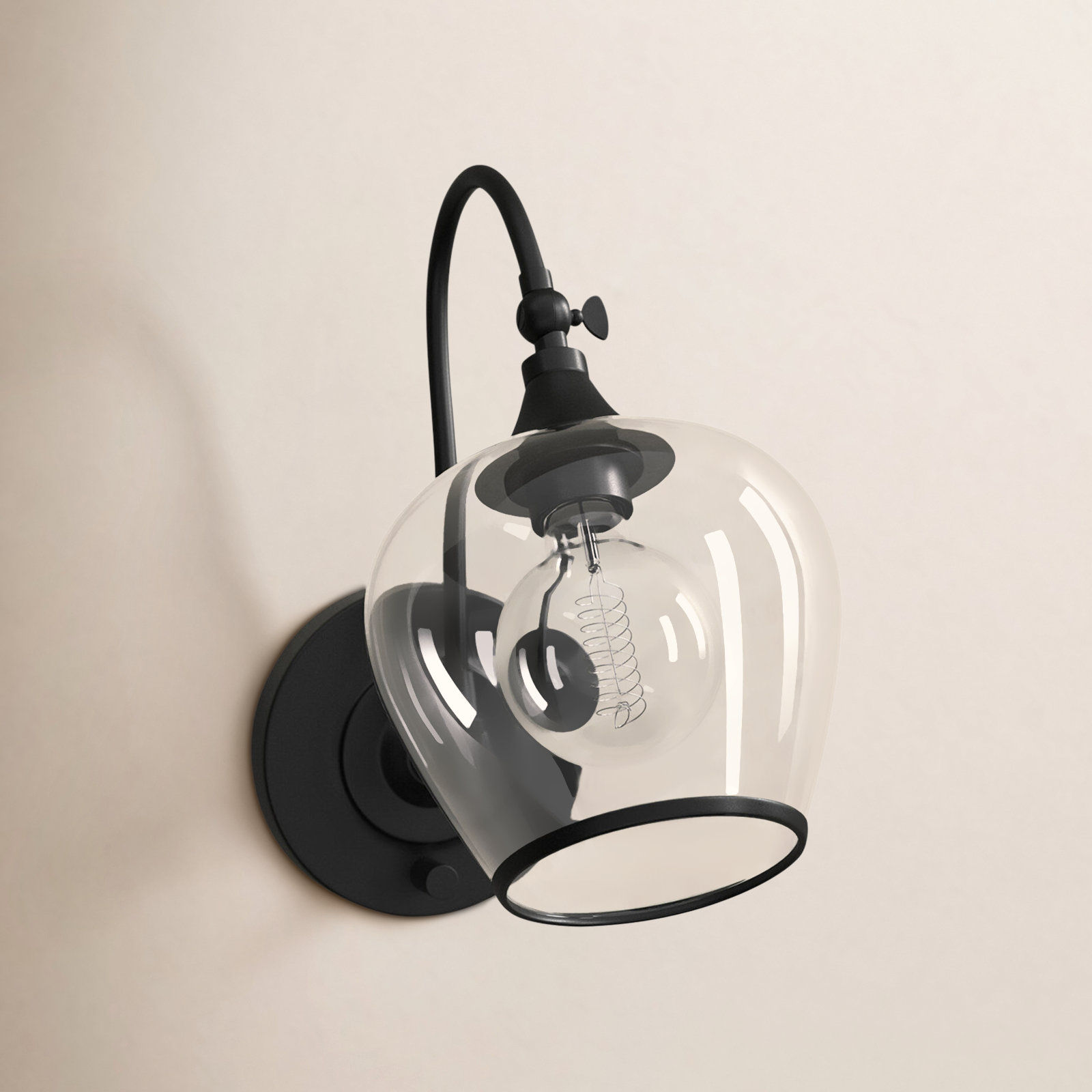 Single Light Glass Dimmable Armed Sconce, Black