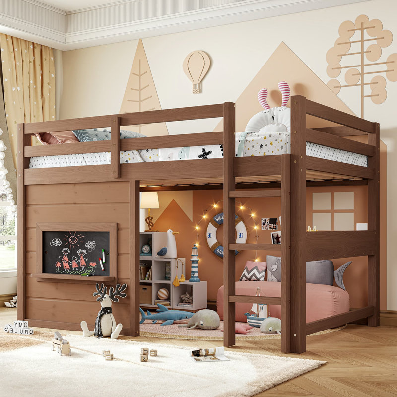 Twin Size Wood Loft Bed Frame With Playful Sliding Chalkboard, Built-in Bookshelf And Safety Rails For Kids Teens, space-saving, Quiet Design, No Spring Mattress Required, Natural