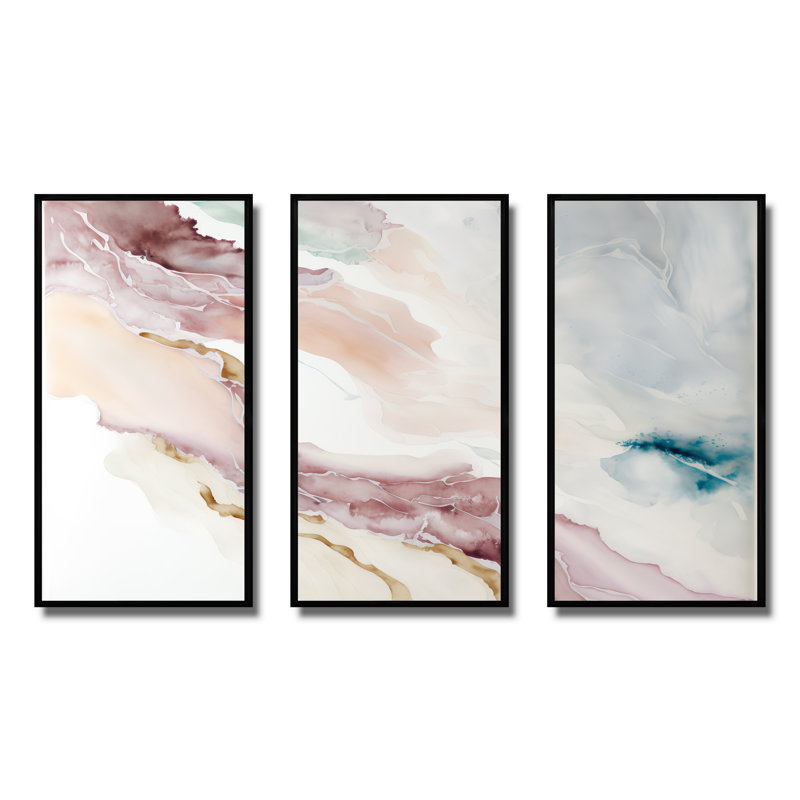 «Sudden Solitude in Elevated Blush III», ensemble d'art mural abstrait à l'encre liquide, Toile avec cadre flottant noir