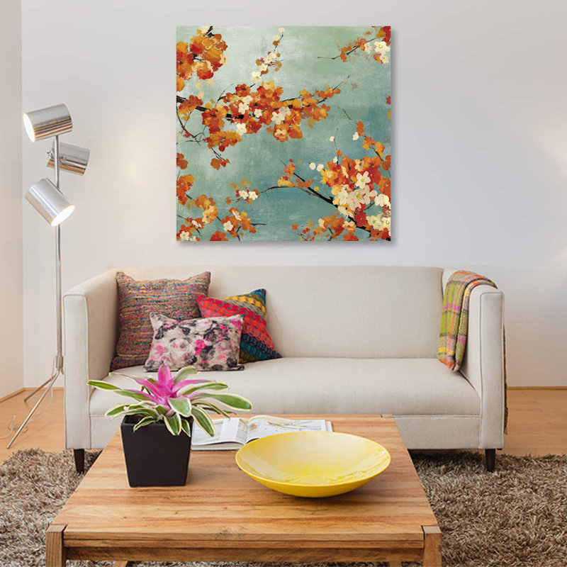 « orange fleurs ii », reproduction sur toile, H 48 po x l 48 po x P 1,5 po, Toile tendue, Pas de tapis