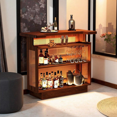 4-Tier Home Bar Cabinet With U-Shaped Countertop 12-Bottle Wine Rack & Stemware Storage