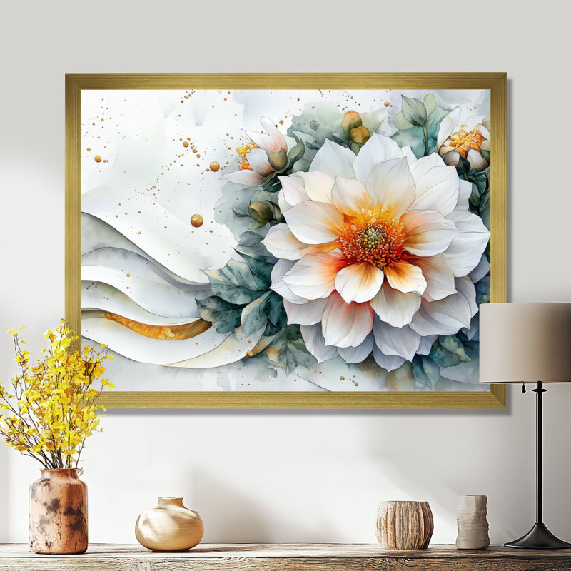Modern Dahlia Spring Muse III - Dahlia, art mural encadré, H 30 po x l 40 po, Reproduction encadrée d'une seule photo, Doré