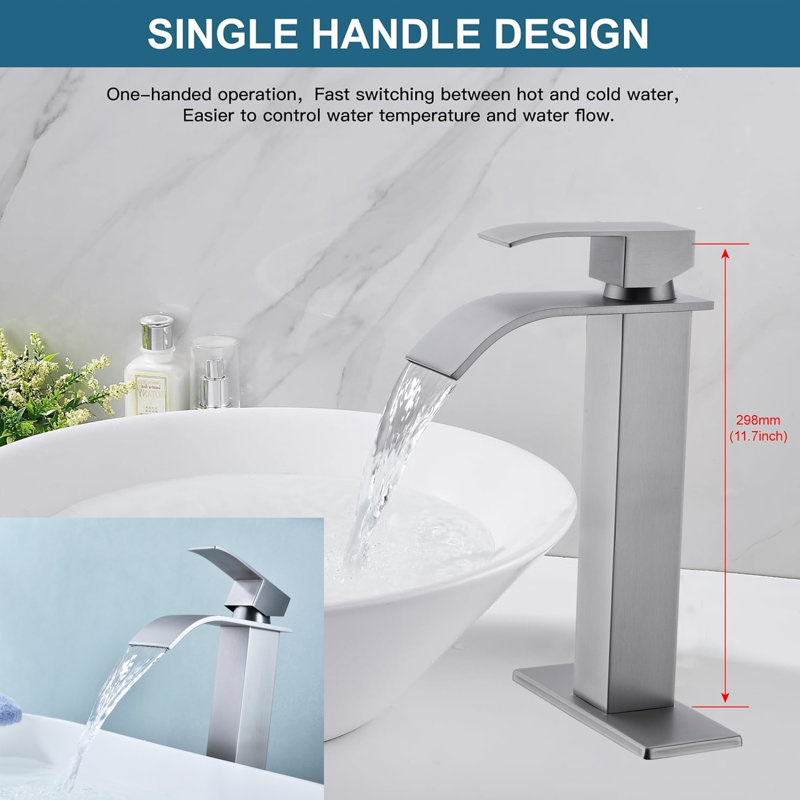 Robinet de lavabo pour salle de bain haut à cascade avec poignée simple; or brossé, Nickel brossé