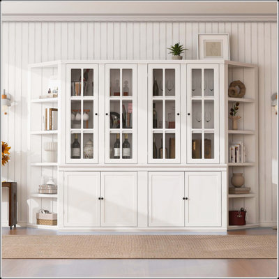 Ensemble mural rétro-moderne avec portes en verre et tablettes latérales, parfait pour un rangement élégant et une présentation dans n'importe quelle pièce