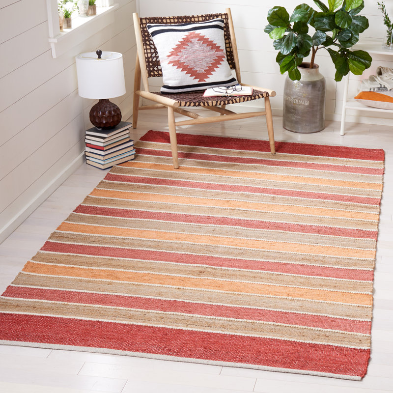 Alassane Hand Woven Jute/Cotton/Wool Striped Rug in Rust/Red, Rectangle 8' x 10'