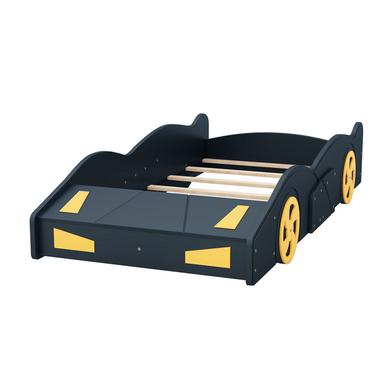 Lit plateforme simple bleu foncé et jaune avec thème de voiture de course et option de rangement, construction robuste pour un sommeil paisible dans la chambre à coucher