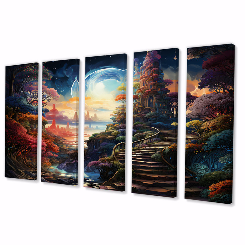 Pleine lune magique, paysages de rêve mythiques I - art mural abstrait sur toile - 5 panneaux égaux