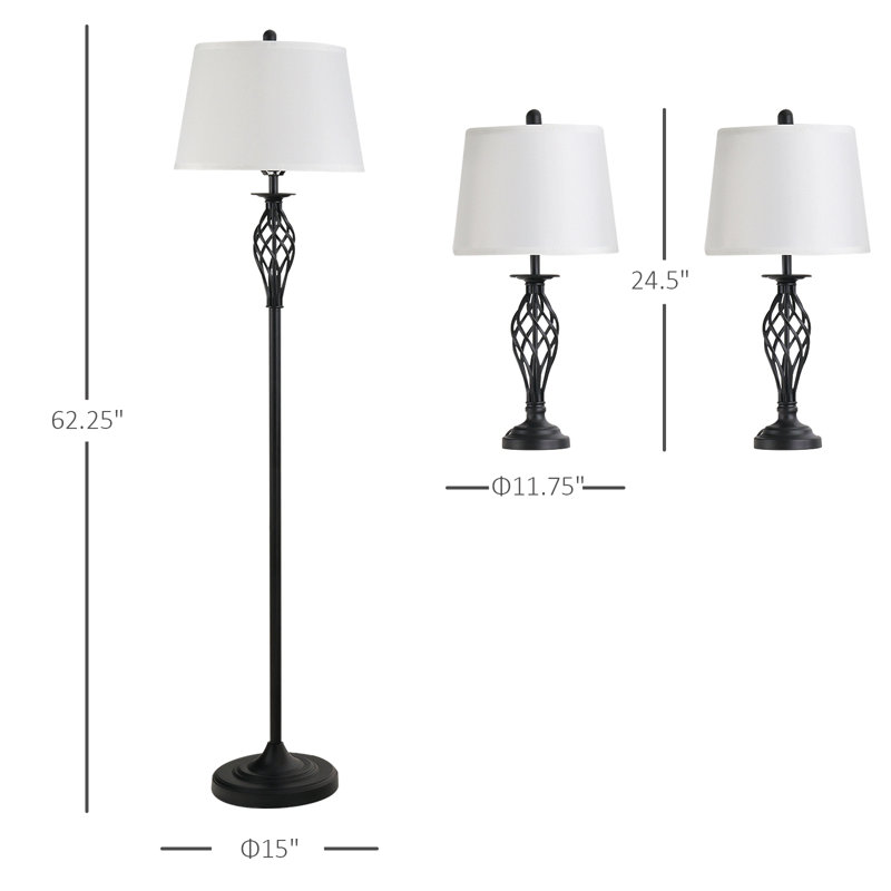Ensemble de lampes de table 3 pièces avec mât en métal, base ronde et abat-jour en tissu, pour le salon, noir / blanc