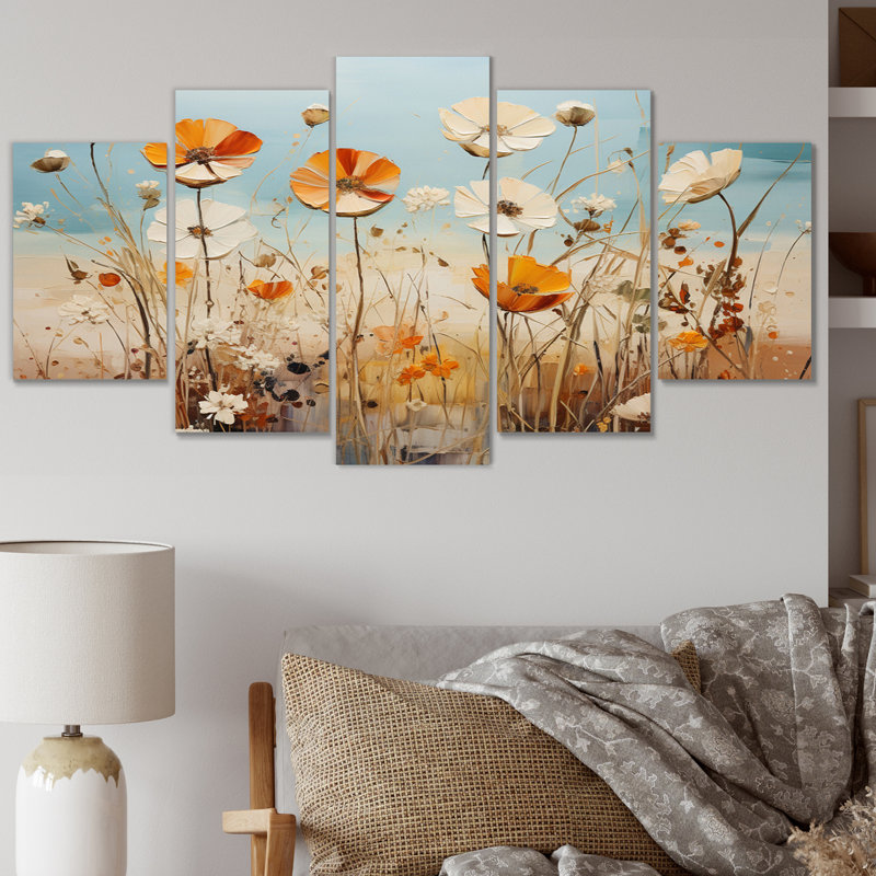 «Meadow Expressive Fields Pointillism I», reproduction d'art sur toile florale, 5 panneaux
