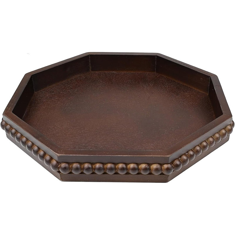 Retro Brown Octagonal Wood Decorative Tray, Small Farmhouse Wooden Serving Tray With Beads, Versatile Coffee Table Tray For Kitchen Counter, Ottoman, Living Room