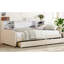 Lit simple rembourré en velours beige avec rangement supplémentaire et roulettes -, revêtement de tiroir pratique, tête de lit confortable, spacieux pour la literie d'articles personnels,-570698294