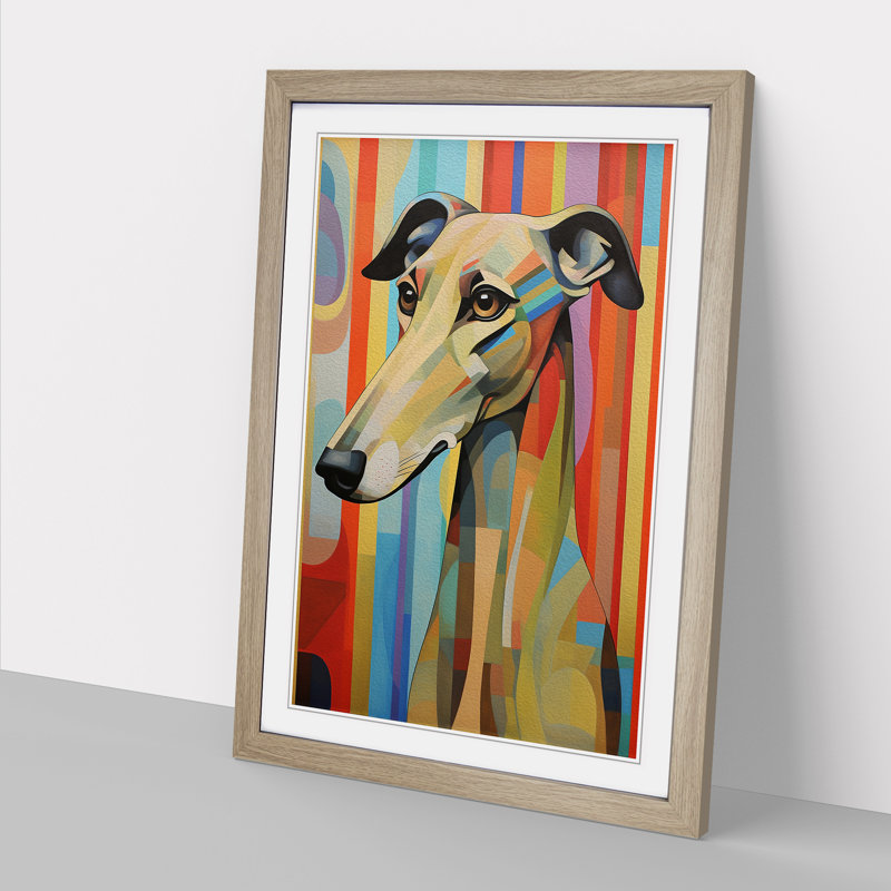 Greyhound Geometric - Single Picture Frame Print on Wood, Oak, 64cm H x 46cm W x 2cm D