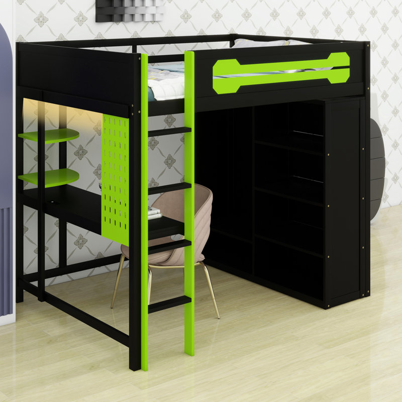 Structure de lit contemporaine avec bureau et garde-robe combinés, rehaussée par une atmosphère à DEL programmable, Vert