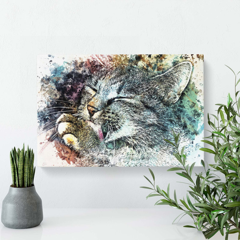 Cat Licking Its Paw in Abstract - Wrapped Canvas, 60cm H x 91cm W x 3cm D