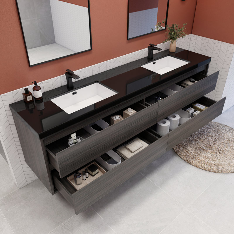 Vickye 83.46'' Double Bathroom Vanity with Plastic Top, Grey Oak
