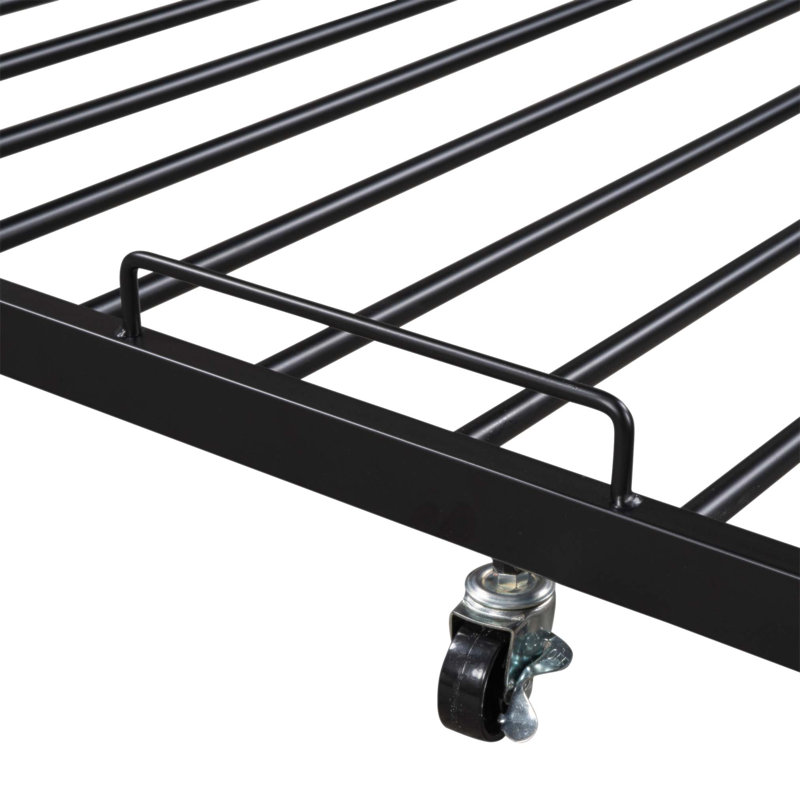 Structure de lit plateforme pleine grandeur en métal avec lit gigogne, ports USB et support à lattes, aucun sommier nécessaire, style rustique moderne