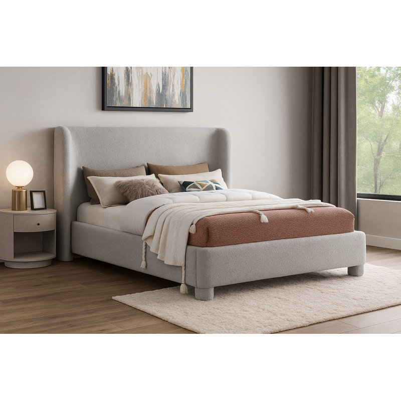 Lit à panneau tapissier Ivyann, Tissu bouclé gris, Double