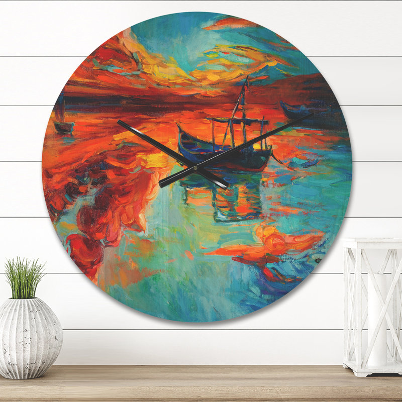 Horloge murale pêche en bateau à voile au coucher du soleil, Petit