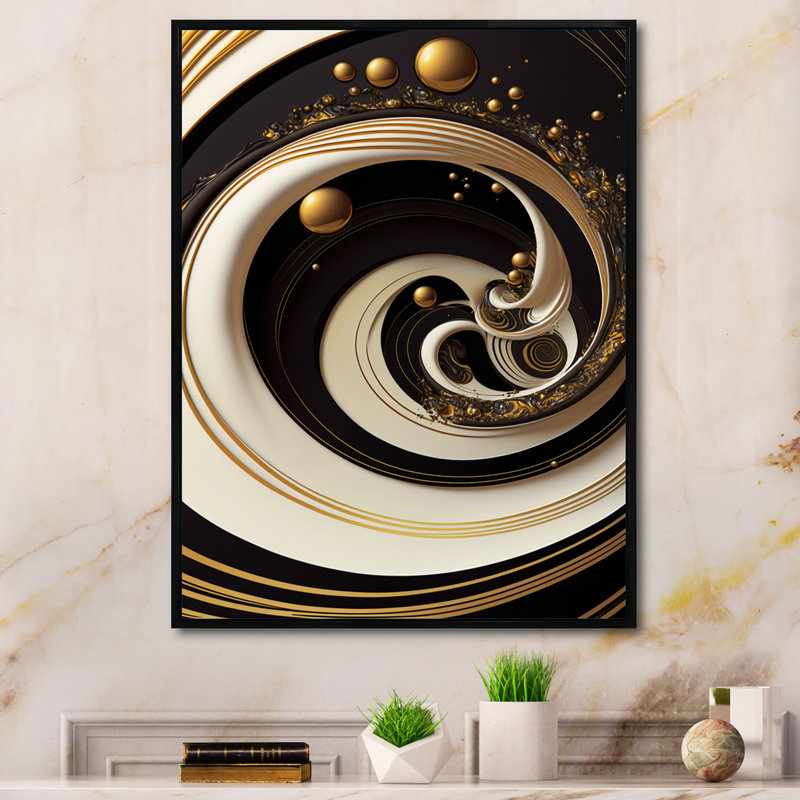 Noir, argent et or mélangeant des tourbillons - Impression sur toile, H 40 po x l 30 po x P 1,5 po, Cadre flottant noir