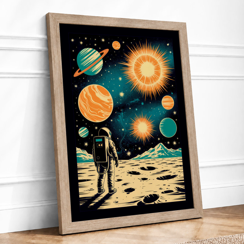 Astronaut in Space Retro - Framed Print, A3 - 42.0 x 29.7 cm, Oak
