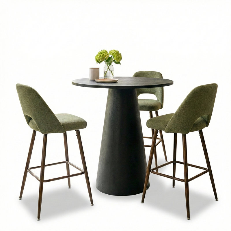 4-Piece Counter Height Bar Table Set With Upholstered Stools, Round Pedestal Kitchen Dining Set For 3, Green