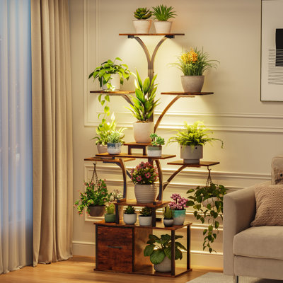 63" Tall Metal Frame Anti-tip Indoor Plant Shelf, 10-Tier Outdoor Plant Stand with Grow Lights