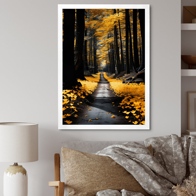 Sentier de solitude dans la forêt jaune - art mural floral, salon, H 32 po x l 16 po x P 1 po, Cadre photo blanc