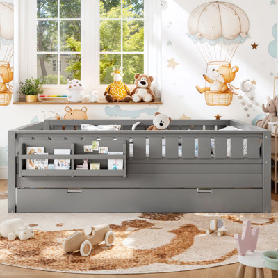 Queen with built-in bookshelves and small staircase, high-quality safety rails, and Trundle,Gray