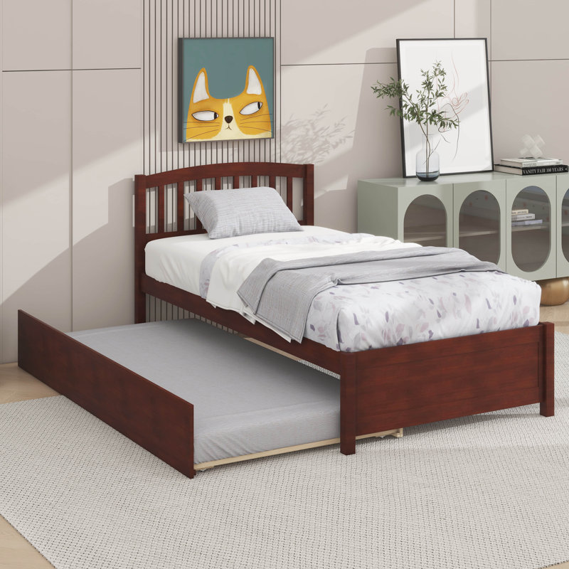 Structure de lit plateforme robuste en bois avec lit gigogne, Noyer