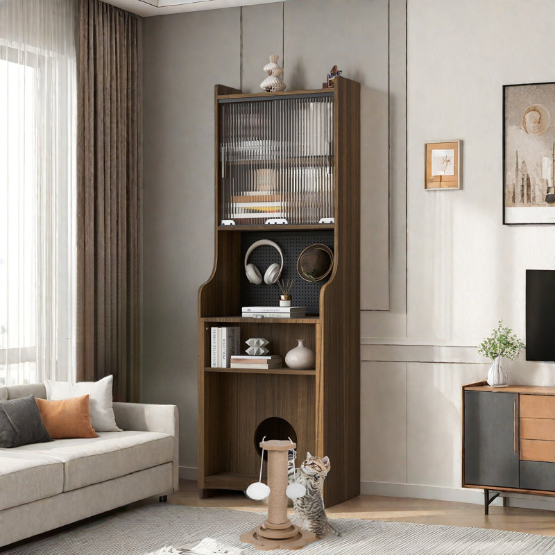 Mid-century Multi-use Extenable Cabinet Desk With Storage Peg Board, Storage Cabinet With Sliding Glass Doors, Led Light, Free Cat Cushion And Cat Toy