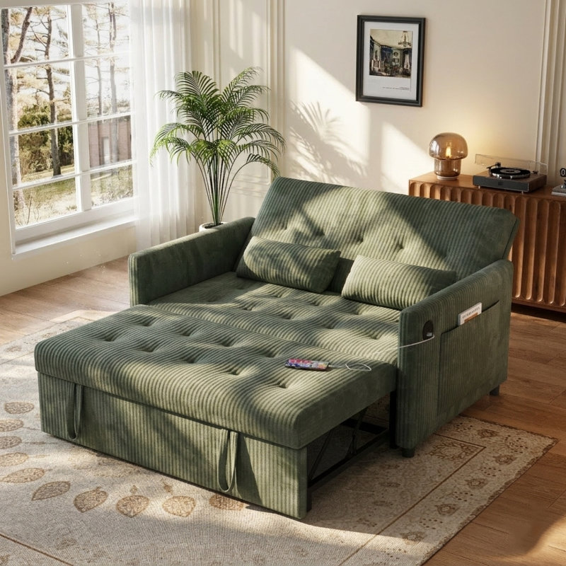 53" Green Pull Out Sleeper Sofa, Modern Convertible Loveseat Bed with Pillows & Side Pockets for Small Spaces, Green