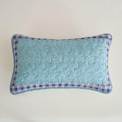 Cotton Quilted Lumbar Pillow Sham Turquoise Blue Geometric Patchwork Border