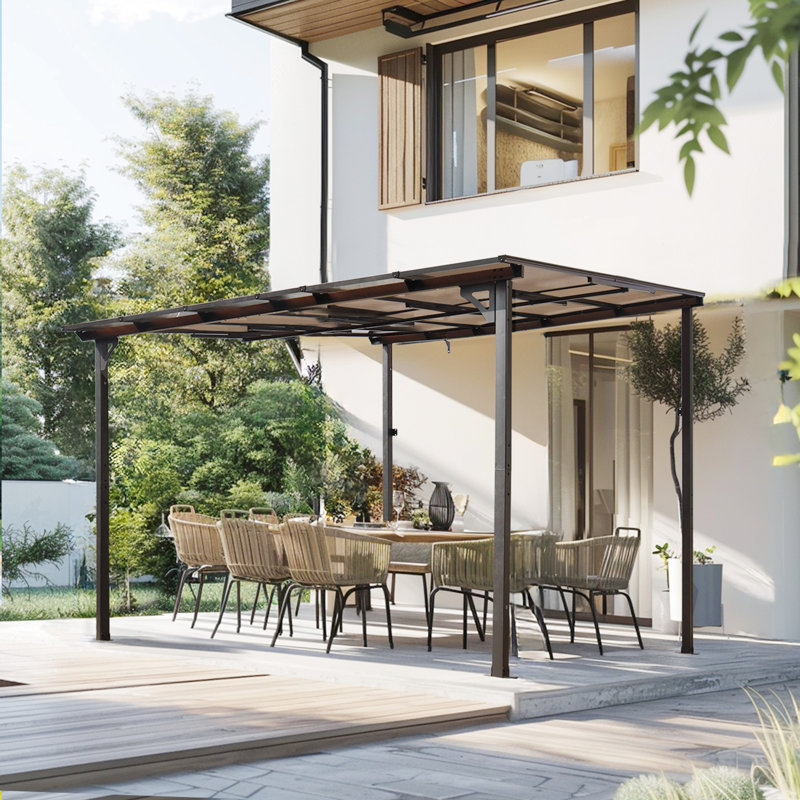10' Outdoor Pergola Gazebo,Wall-Mounted Lean To Metal Awning Gazebo With Roof,Large Heavy Duty, Gray