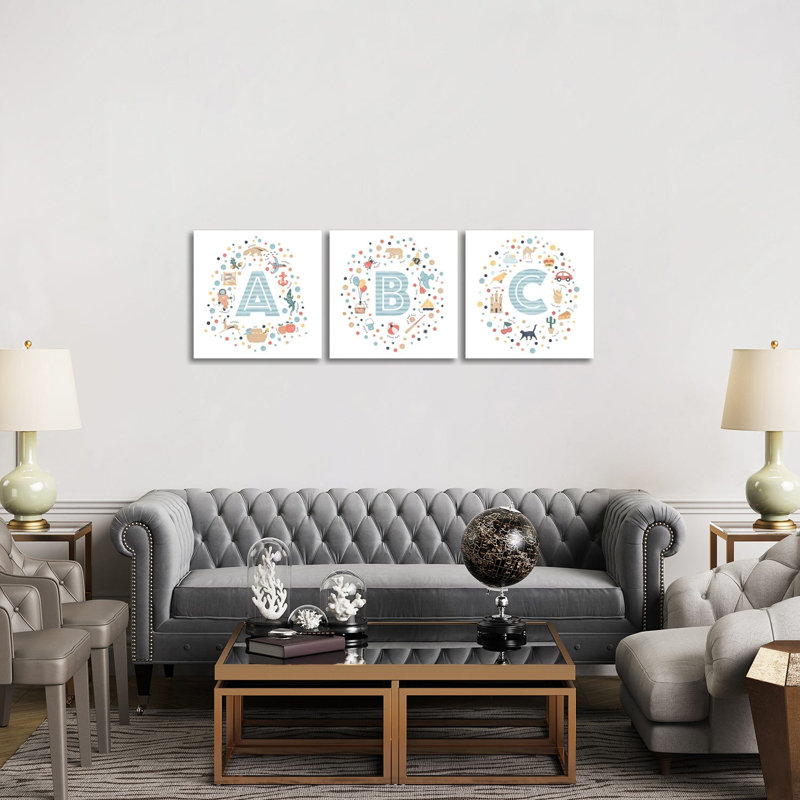 A-B-C bleu - ensemble d'art mural sur toile - toile tendue (ensemble de 3)